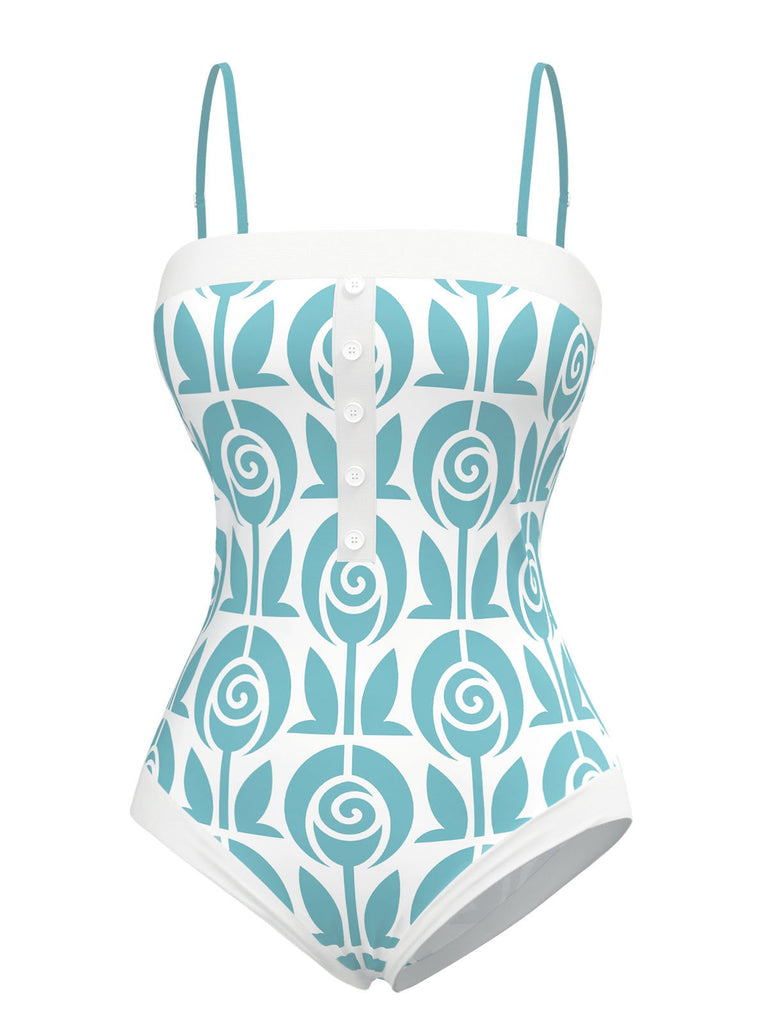 [Prévente] Maillot de bain une pièce bleu clair à bretelles roses des années 1960