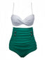 Ensemble bikini froncé taille haute blanc et vert des années 1950
