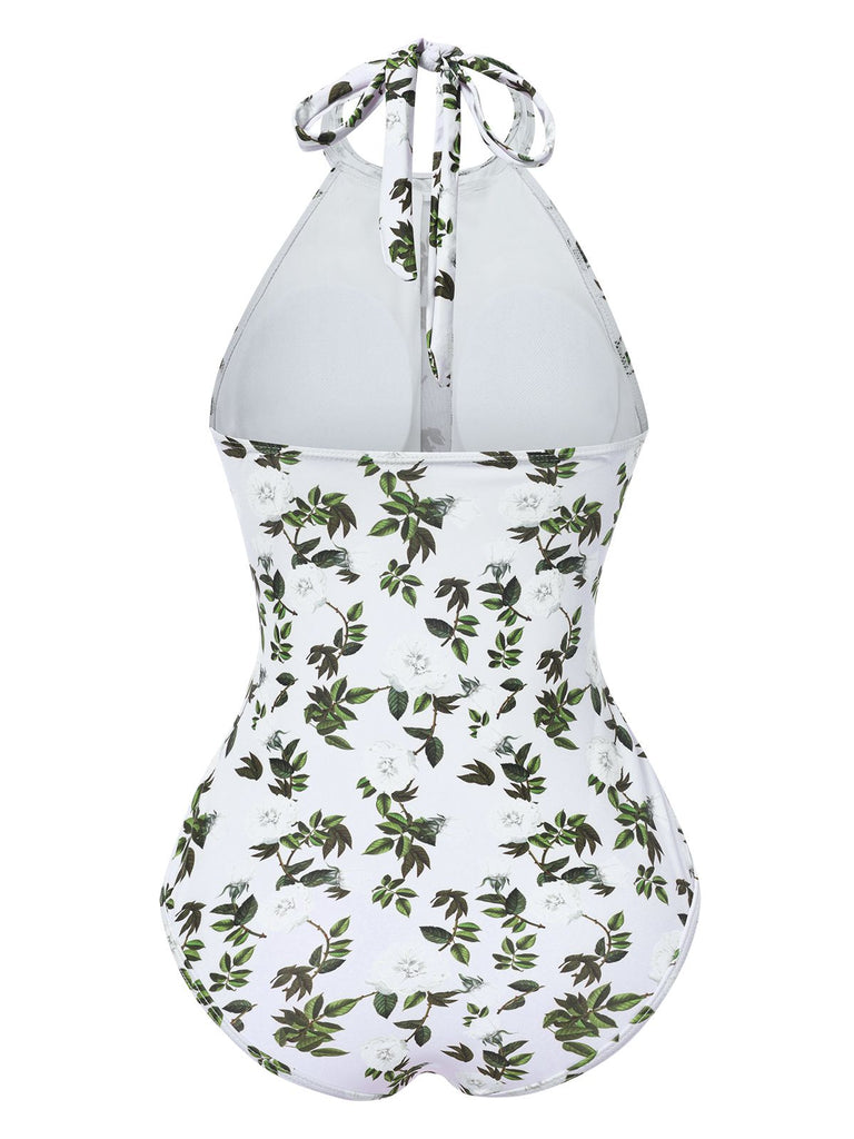2PCS Maillot de Bain Une Pièce et Cache Maillot Imprimé Feuilles Vert Années 1930