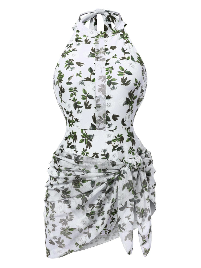 2PCS Maillot de Bain Une Pièce et Cache Maillot Imprimé Feuilles Vert Années 1930