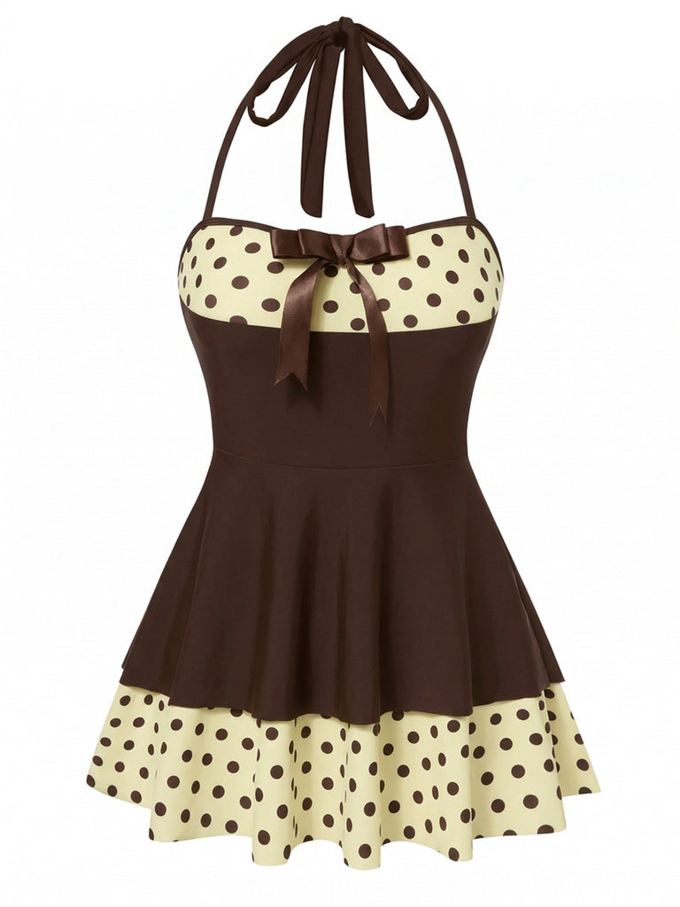 Robe de bain dos nu patchwork à pois marron années 40