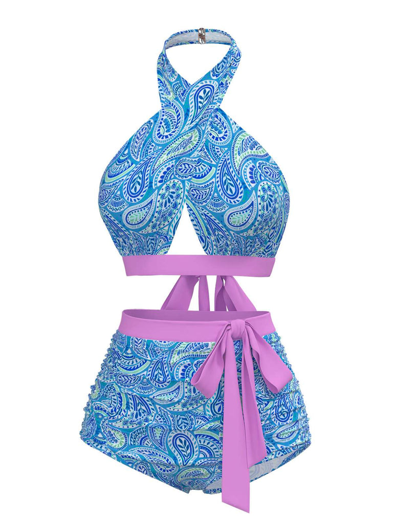 [Prévente] Maillot de bain dos nu croisé à imprimé cachemire violet années 1970