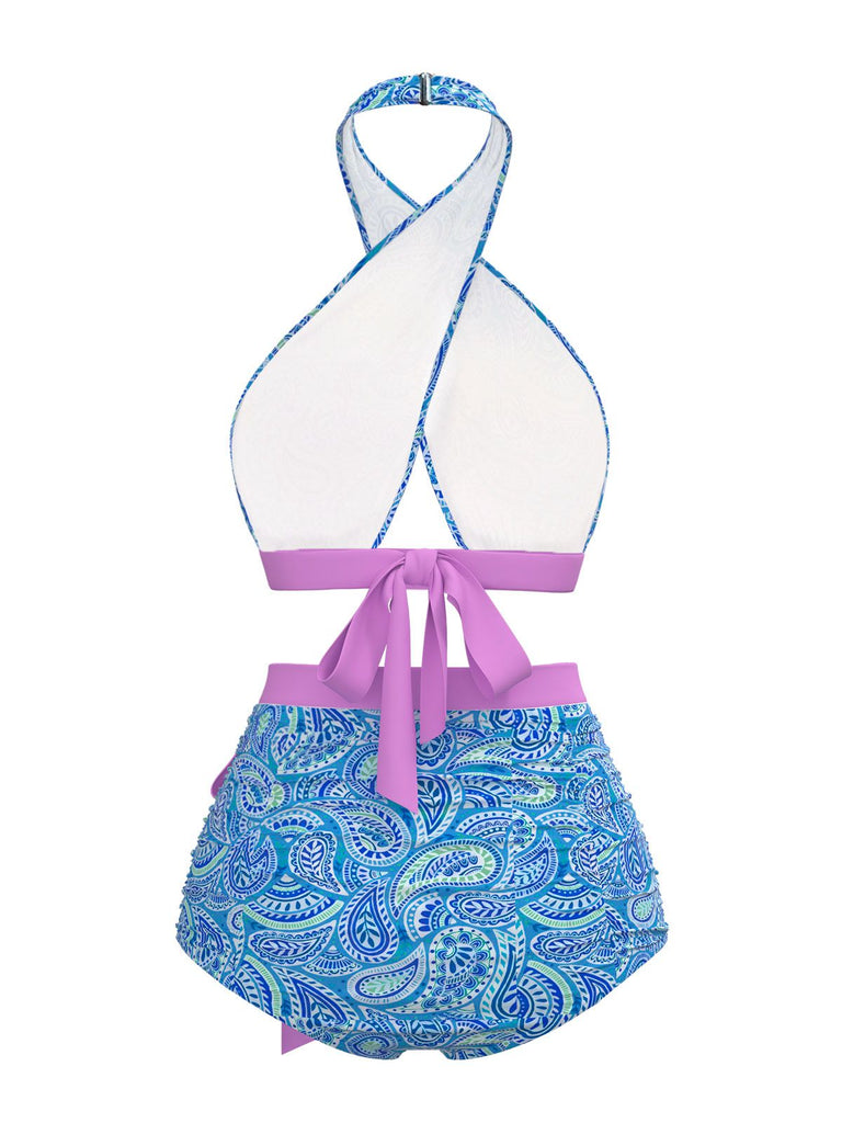 [Prévente] Maillot de bain dos nu croisé à imprimé cachemire violet années 1970