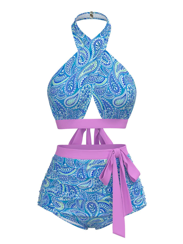 [Prévente] Maillot de bain dos nu croisé à imprimé cachemire violet années 1970