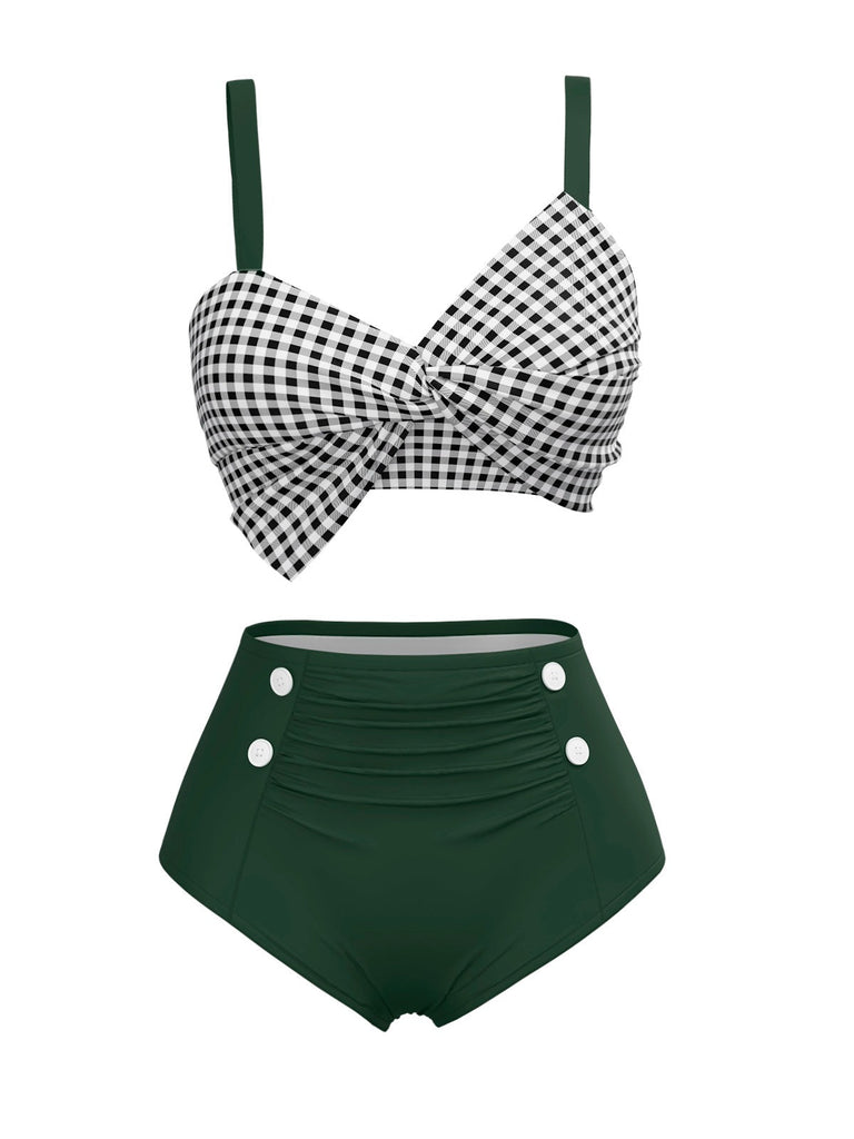[Prévente] Maillot de bain vert à carreaux vichy bretelles torsadées nnées 1950