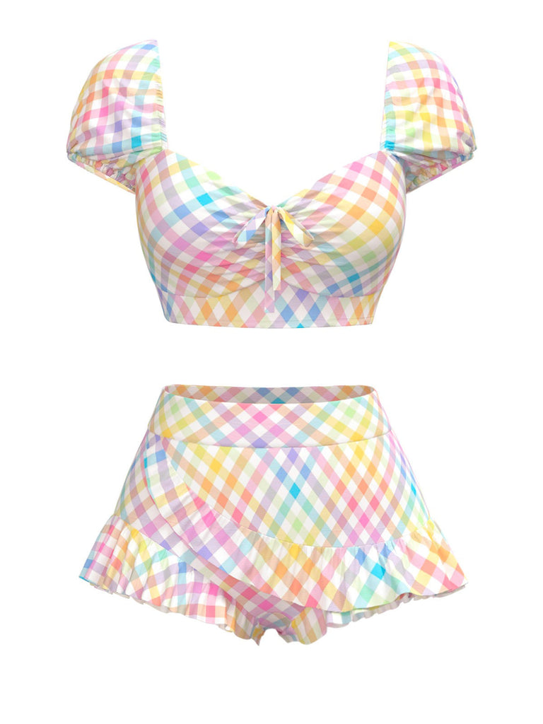 [Prévente] Ensemble tankini multicolore à carreaux vichy bouffants années 1970