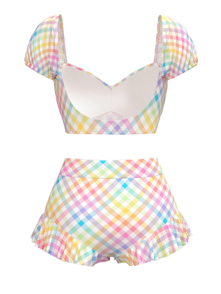[Prévente] Ensemble tankini multicolore à carreaux vichy bouffants années 1970