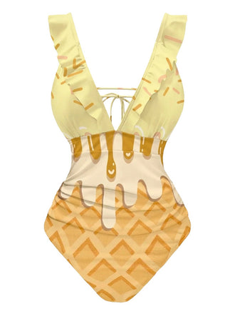 [Prévente] Maillot de bain jaune à volants dos noué motif glace années 1970