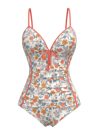 [Prévente] Maillot de bain une pièce froncé à fleurs orange des années 1960