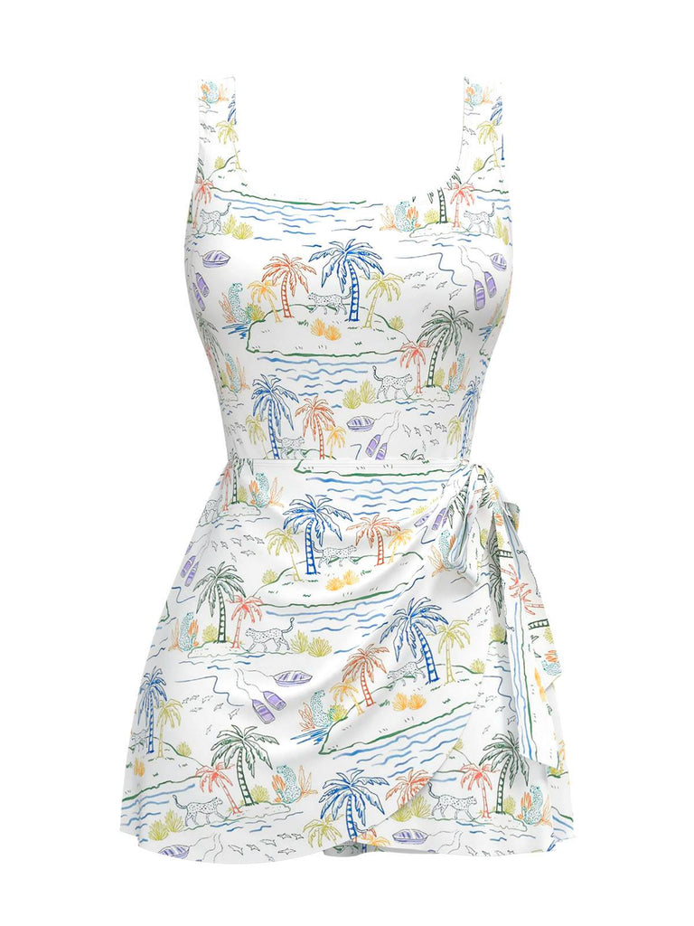 [Prévente] Robe de bain blanche col carré cocotiers peintes années 40