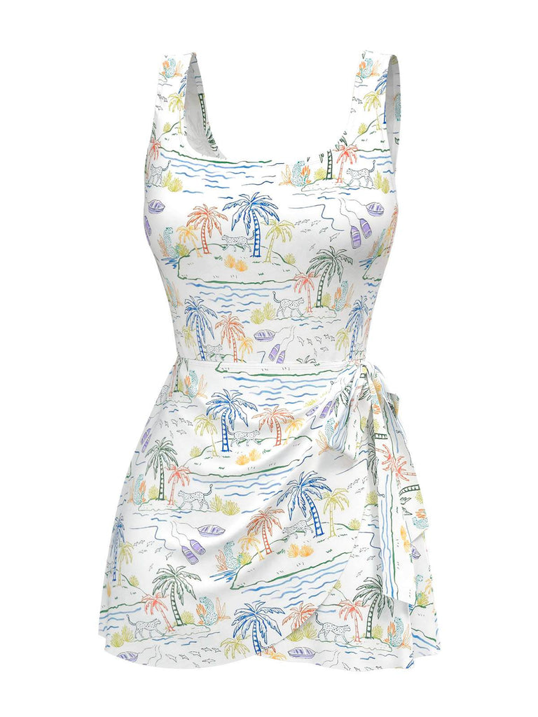 [Prévente] Robe de bain blanche col carré cocotiers peintes années 40