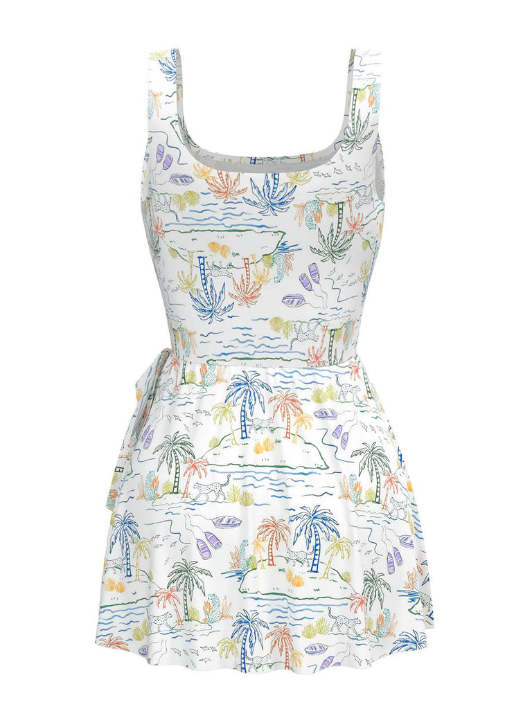 [Prévente] Robe de bain blanche col carré cocotiers peintes années 40