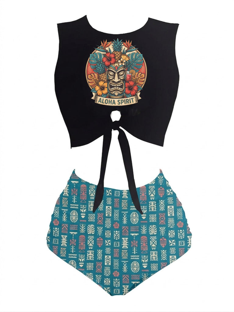 Ensemble Bikini Punk Ceinture à Nouer Tiki à Motifs Années 1980