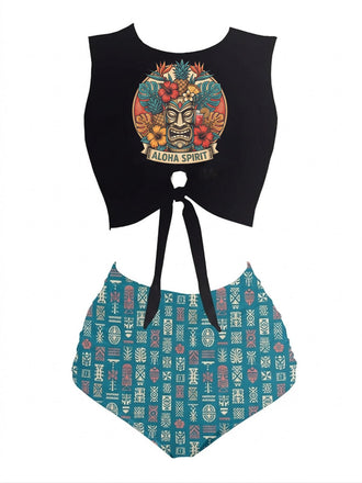 Ensemble Bikini Punk Ceinture à Nouer Tiki à Motifs Années 1980