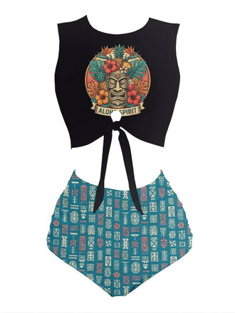 [Prévente] Punk Ceinture à Nouer Tiki à Motifs Ensemble Bikini Années 1980