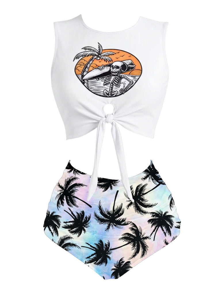 Ensemble tankini squelette de plage avec nœud sur le devant années 1980
