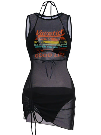 3PCS Bikini licou maille noir avec paréo 1960s