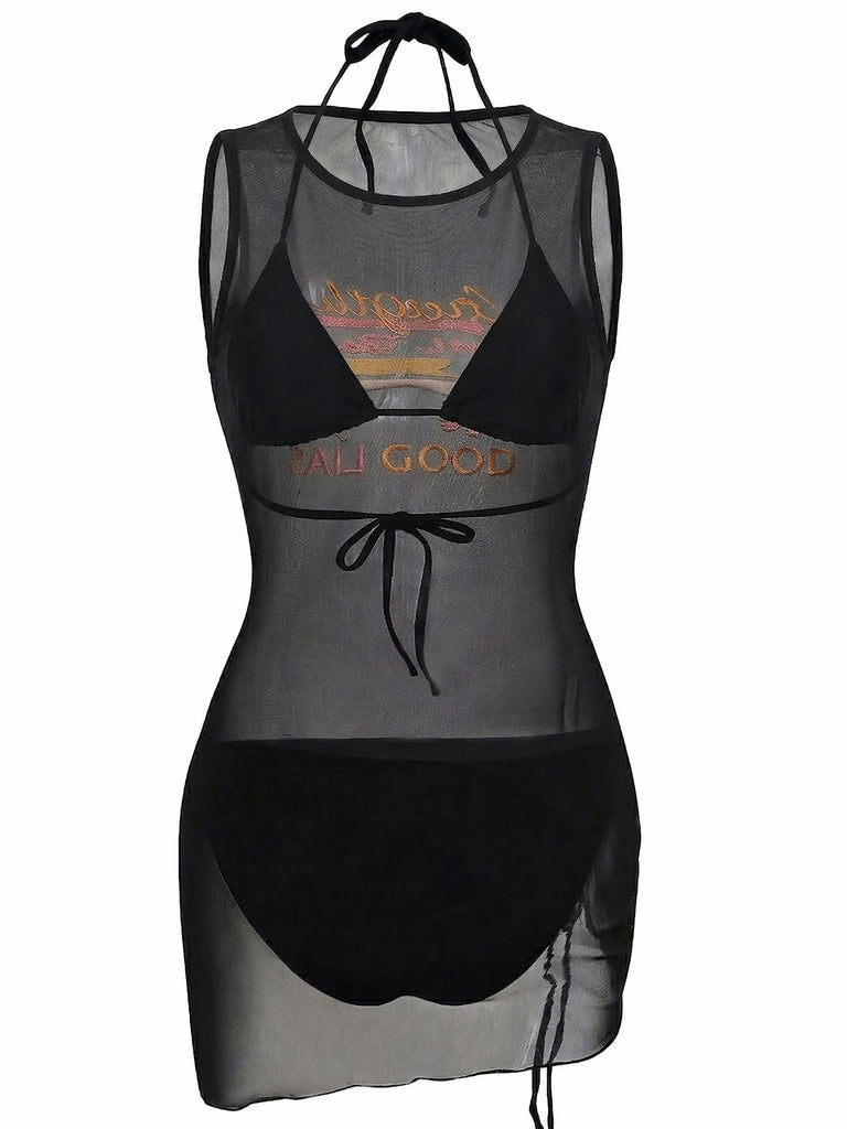 3PCS Bikini licou maille noir avec paréo 1960s