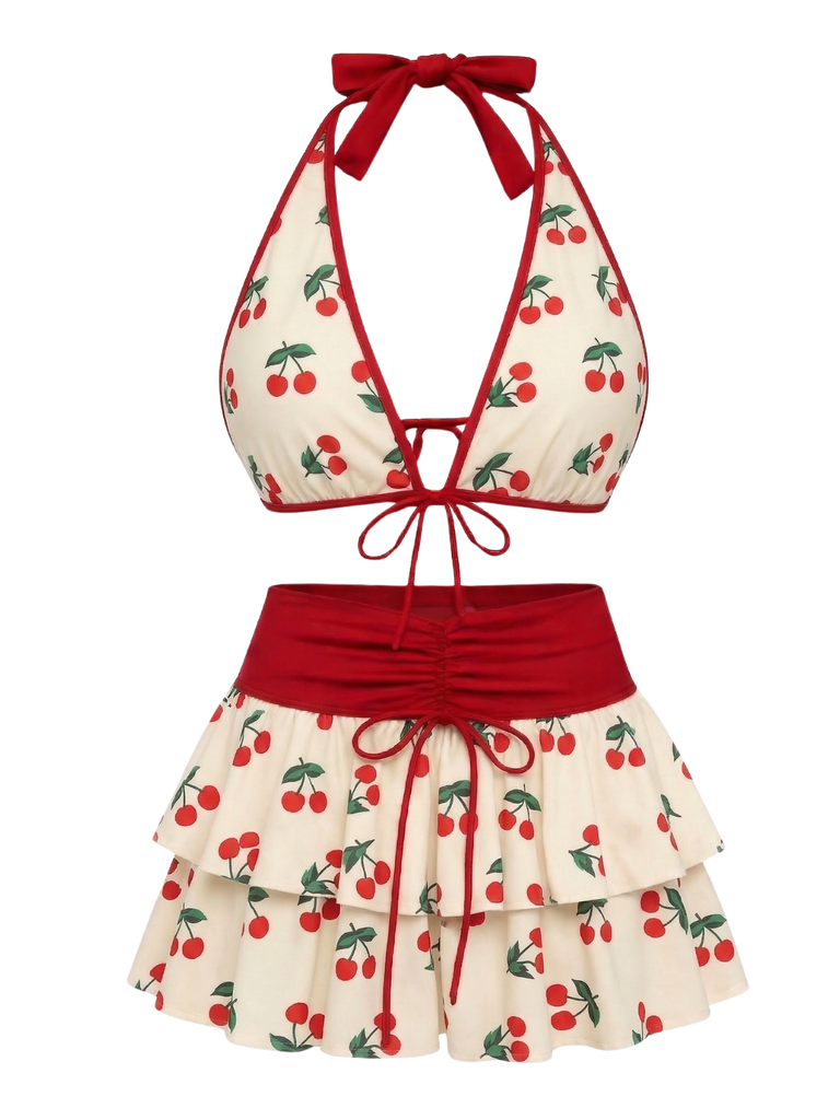 [Prévente] Ensemble bikini rose imprimé cerises nouer sur le devant volants années 1960