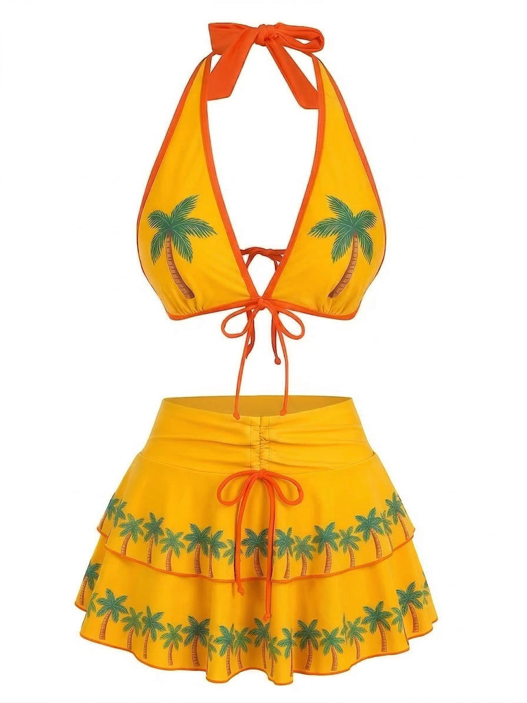 [Prévente] Ensemble bikini rose fraise imprimé floral nouer sur le devant volants années 1960