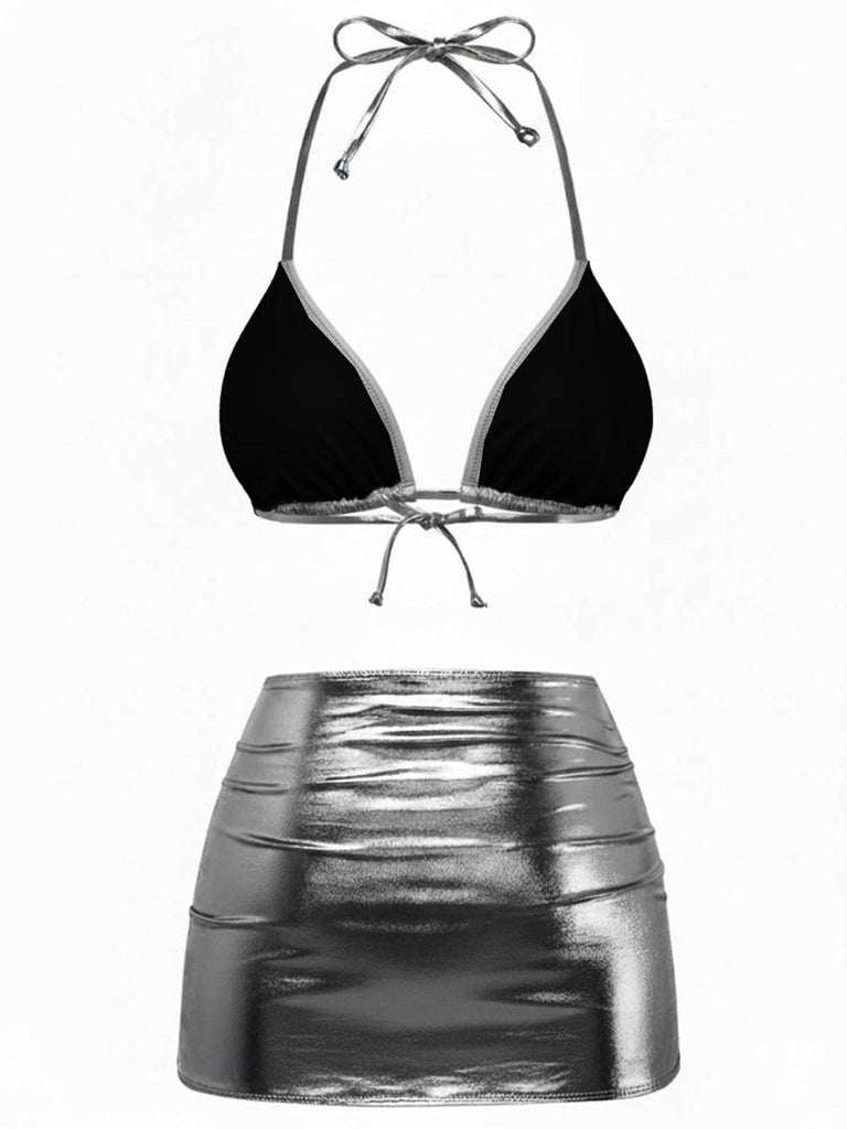Ensemble bikini métallisé uni à bretelles années 1970