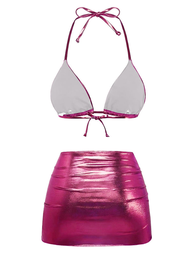 Ensemble bikini métallisé uni à bretelles années 1970