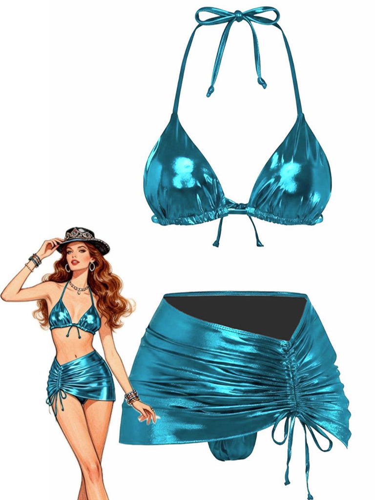 Ensemble bikini métallisé uni à bretelles années 1970