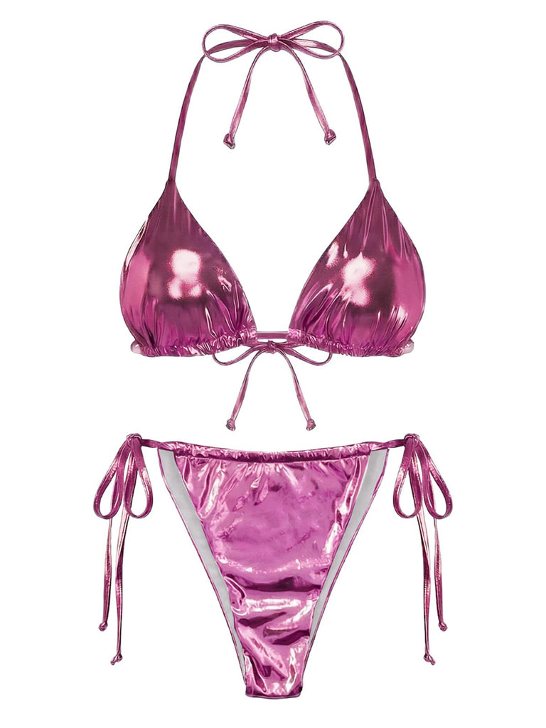 Ensemble bikini métallisé uni à bretelles années 1970