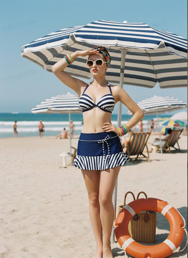[Prévente] Maillot de Bain Bikini Rayé Bleu Marine Années 1940