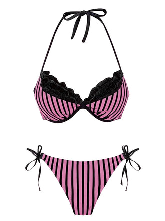 Ensemble bikini rose rayé en maille avec nœud et dos nu années 60