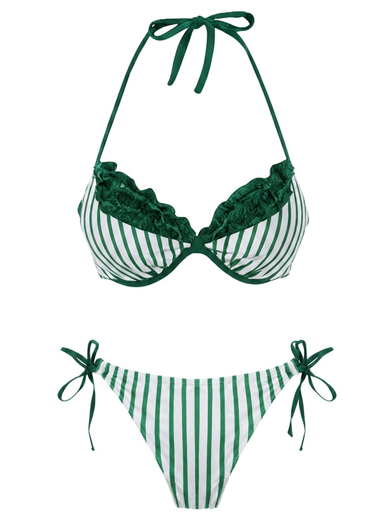 Ensemble bikini gris rayé en maille avec nœud et dos nu années 60