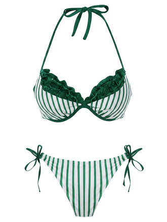 [Prévente] Ensemble bikini vert rayé en maille dos nu années 60