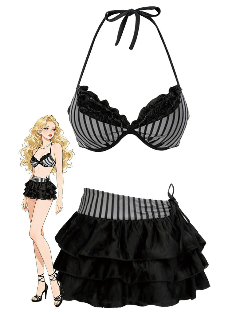 [Prévente] 2PCS Ensemble bikini dos nu rayé gris et paréo à volants années 60