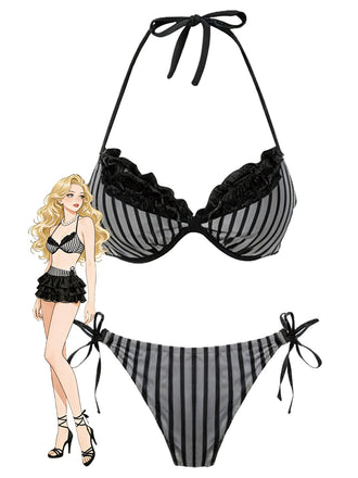 [Prévente] Ensemble bikini gris rayé en maille avec nœud et dos nu années 60