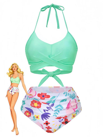 Maillot de bain bikini taille haute à fleurs vert menthe années 1940