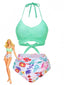 Maillot de bain bikini taille haute à fleurs vert menthe années 1940