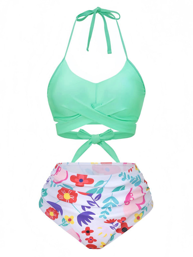Maillot de bain bikini taille haute à fleurs vert menthe années 1940
