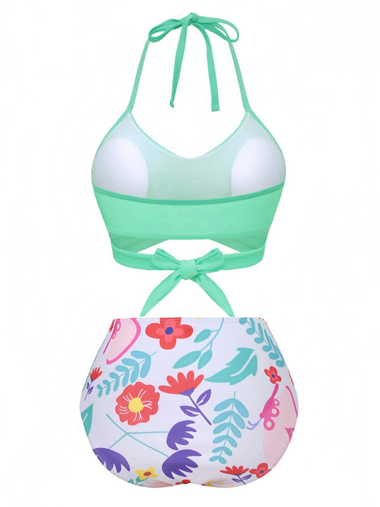 Maillot de bain bikini taille haute à fleurs vert menthe années 1940