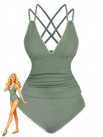 Ensemble De Tankini Colorblock Col V Profond Dos Épinglé Année 1940