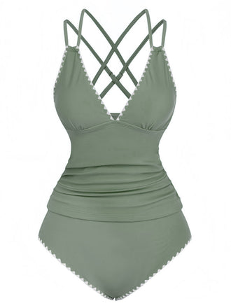 Ensemble De Tankini Colorblock Col V Profond Dos Épinglé Année 1940