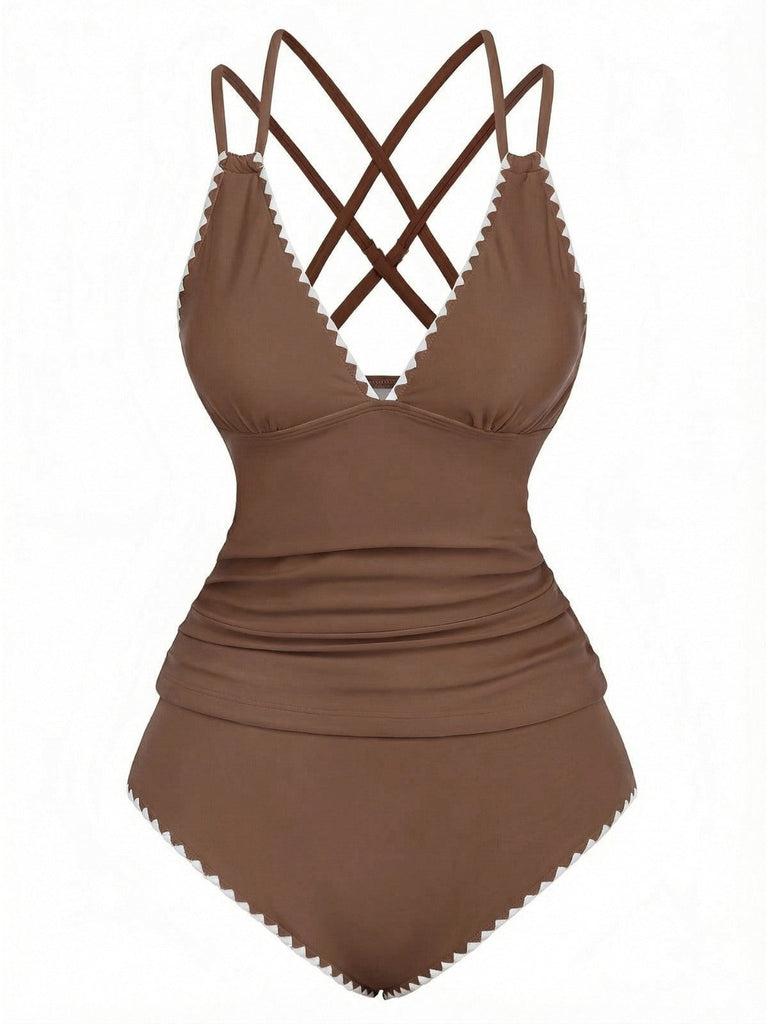 Ensemble De Tankini Colorblock Col V Profond Dos Épinglé Année 1940