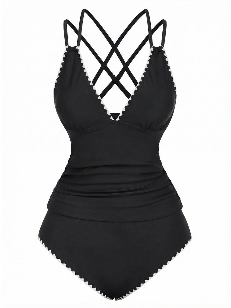 Ensemble De Tankini Colorblock Col V Profond Dos Épinglé Année 1940