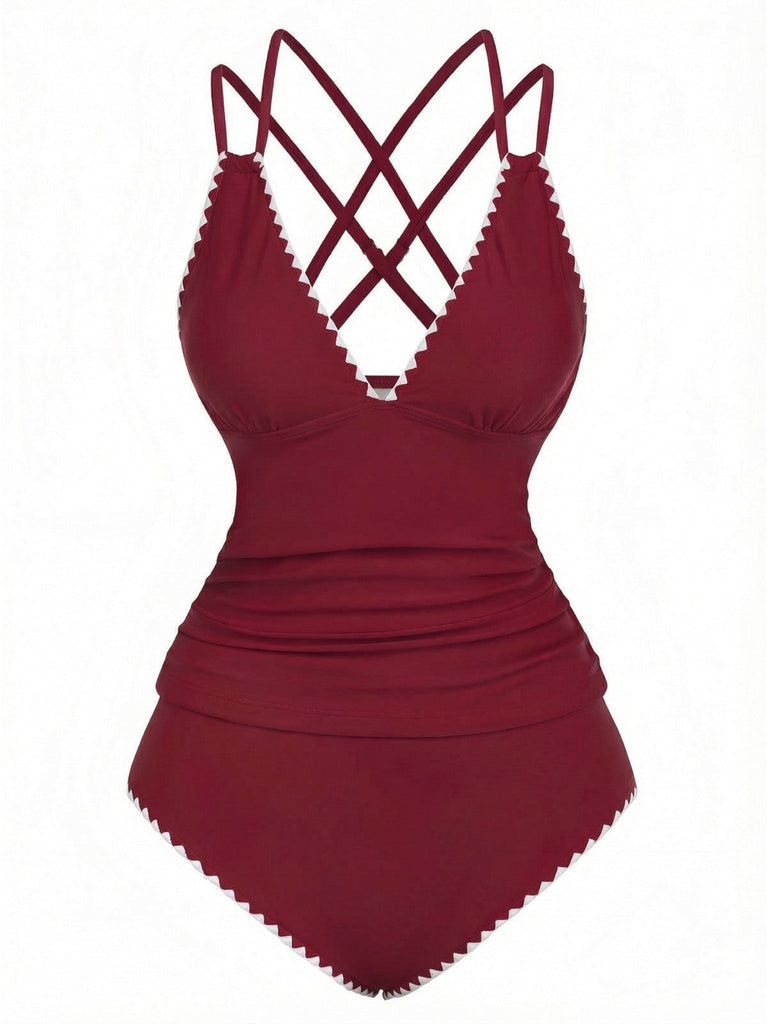 Ensemble De Tankini Colorblock Col V Profond Dos Épinglé Année 1940