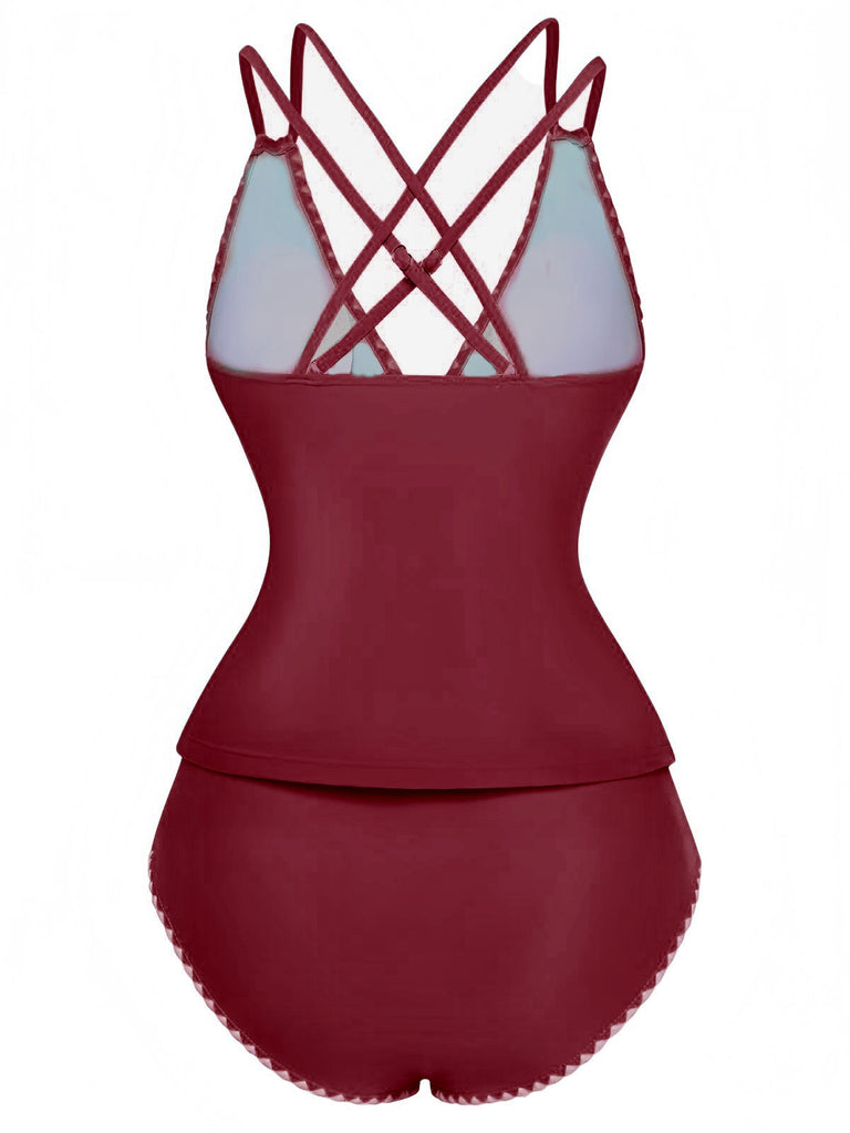 Ensemble De Tankini Colorblock Col V Profond Dos Épinglé Année 1940