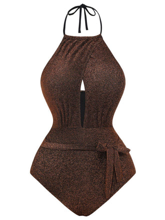 Maillot de bain une pièce à paillettes dos nu et nœud découpé années 1940