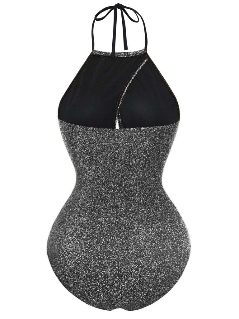 Maillot de bain une pièce à paillettes dos nu et nœud découpé années 1940