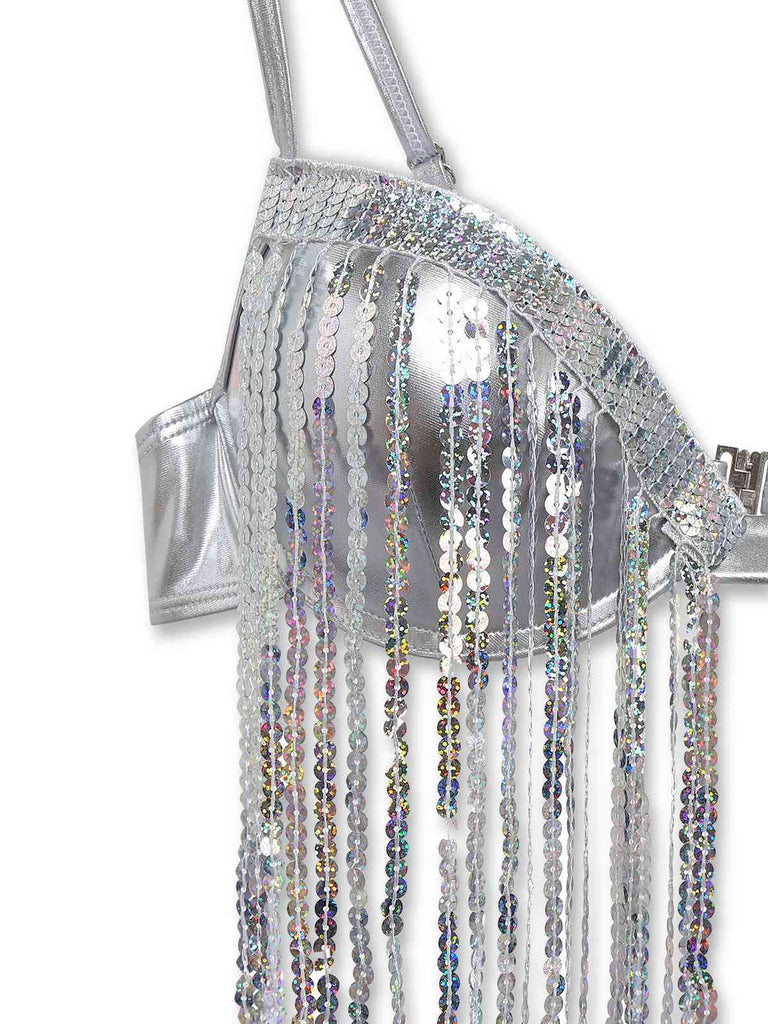 Ensemble De Bikini Argenté Holographique Paillettes Franges Année 1970