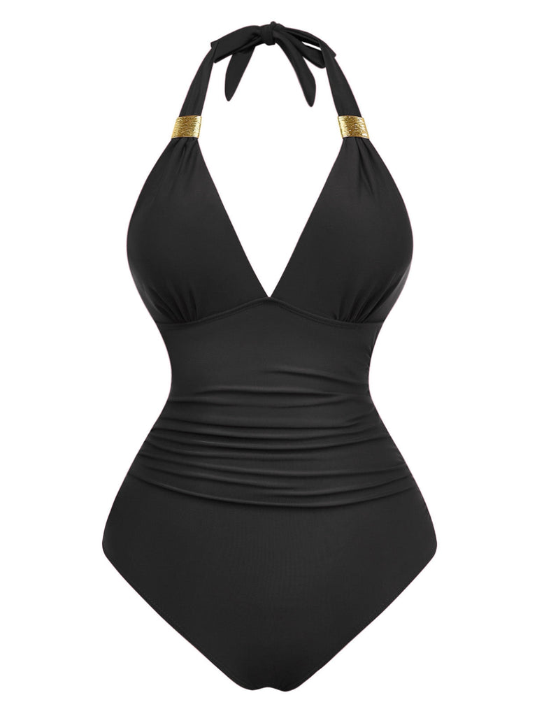 Maillot de bain une pièce froncé à décolleté plongeant en V années 1940