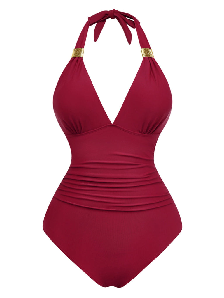 Maillot de bain une pièce froncé à décolleté plongeant en V années 1940