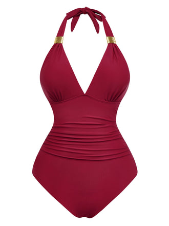 Maillot de bain une pièce froncé à décolleté plongeant en V années 1940